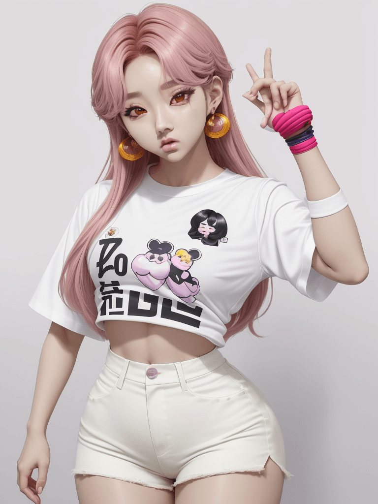 AI generated: ((cuerpo completo: 1.5)), ídolo kpop DE BTS, hermosa CHICA coreana, camiseta blanca, hermosos ojos d...