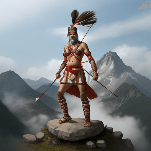 AI generated: Ancient Indian warrior standing at the top of the mountain with a bow