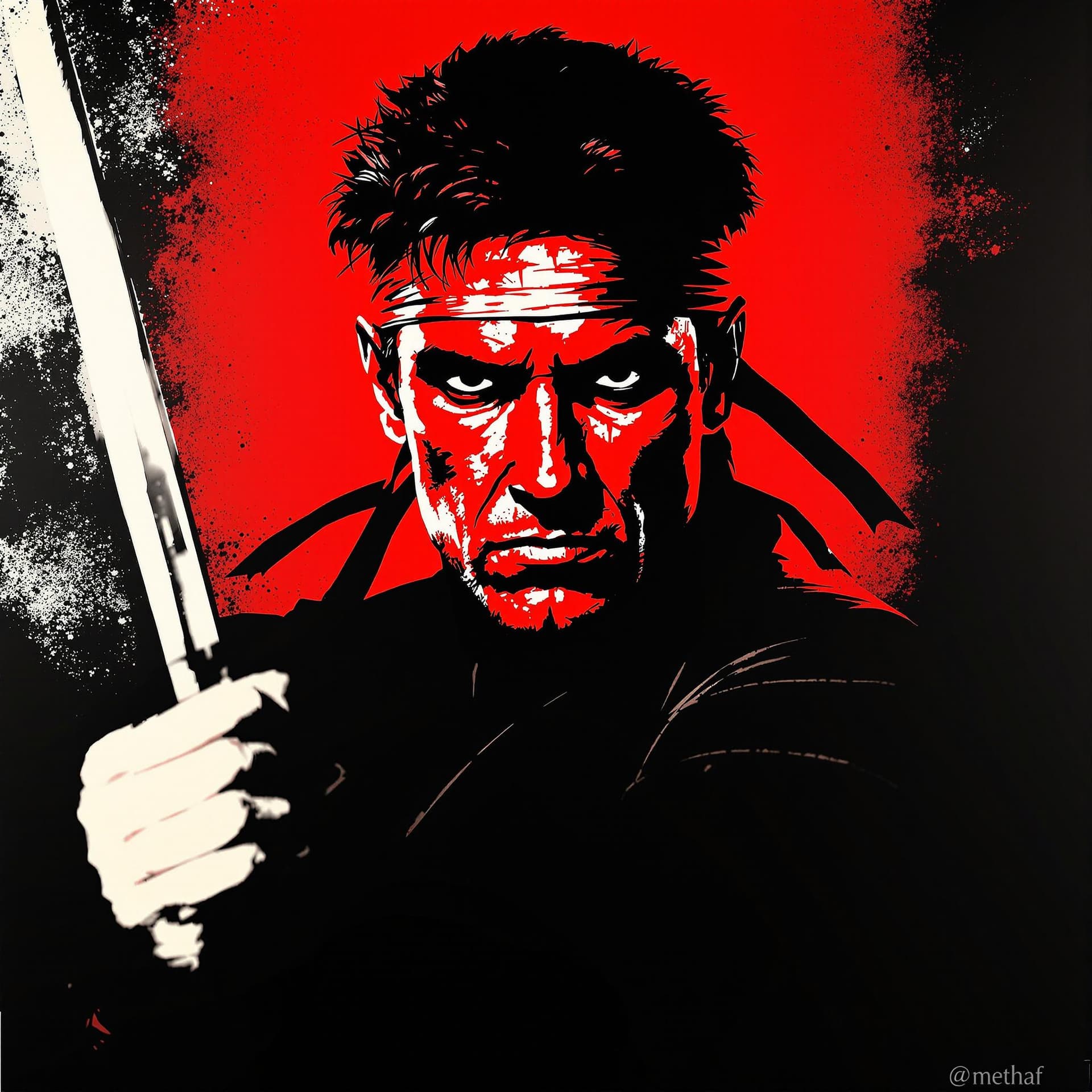 AI generated: Create a stylized, iconic portrait of Michael Dudikoff as seen in American Ninja. The image should e...