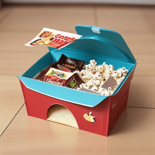AI generated: snackbox, with chocolate bar inside, snacks inside, potato chips inside, apple juice inside, popcorn...