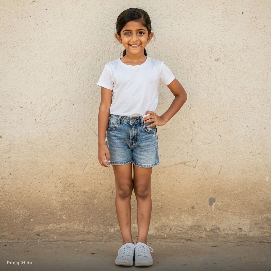 AI generated: wearing shorts and short top standing in front of wall 13 years indian girl with fair skin tone  loo...