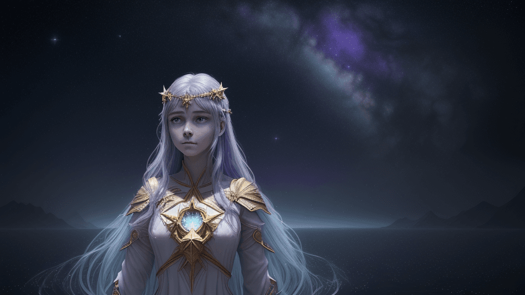 AI generated: ine prompt:The Star, The Dweller Between waters, The Daughter of Firmament:: YellowViolet, Sky Blue,...