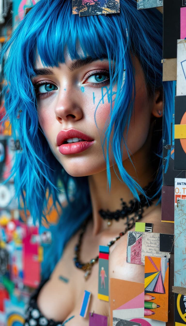 AI generated: woman with blue hair, in the style of multi-layered collages, edgy street art, celebrity-portraits, ...