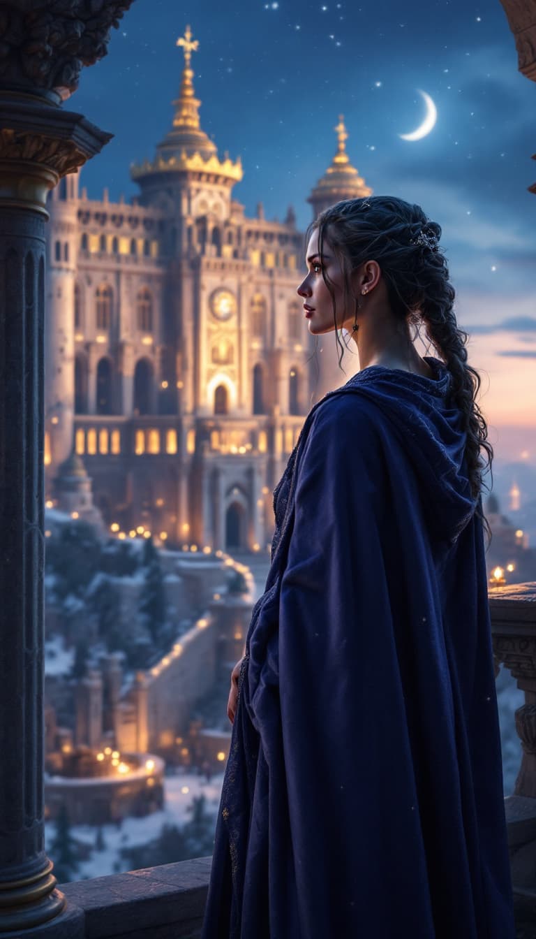AI generated: hyper realistic side pose 
image of a warrior queen dressed in a night robe viewing outside from her...