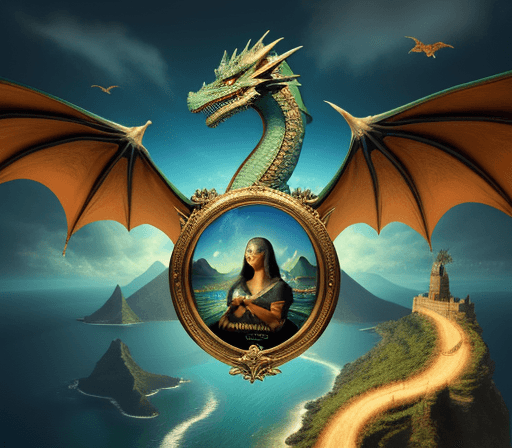 AI generated: A magical dragon flying away from a tropical island, 8k, in style of mona lisa, dragon has 5 heads

