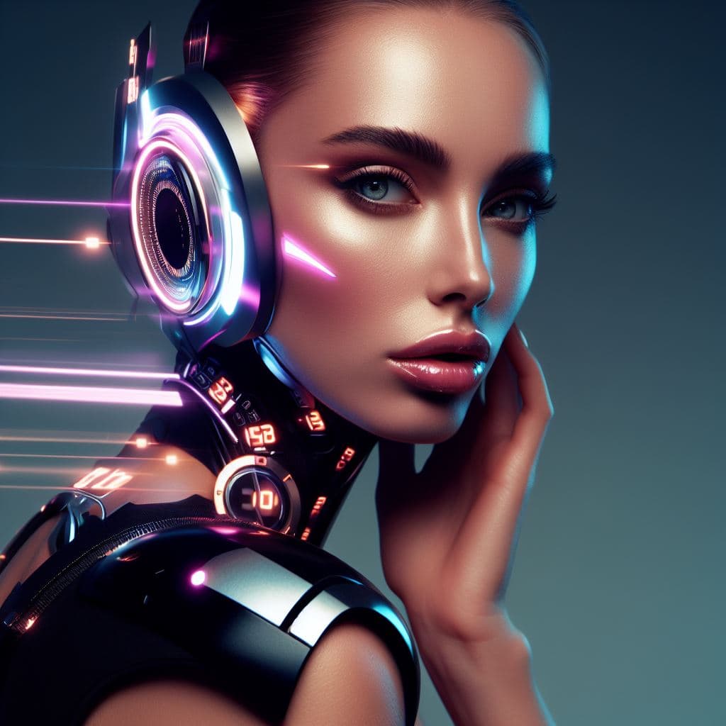 AI generated: a woman with headphones on her ears, cyberpunk art by Jan Tengnagel, pixabay contest winner, retrofu...