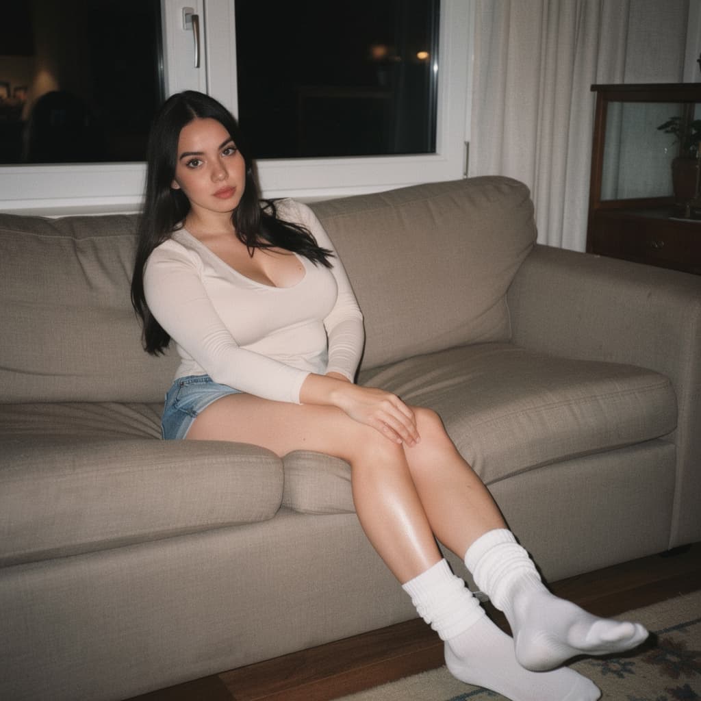 AI generated: looking at me,a sloppy snapshot. Sitting on a couch at night teasing, mini top and white socks 
