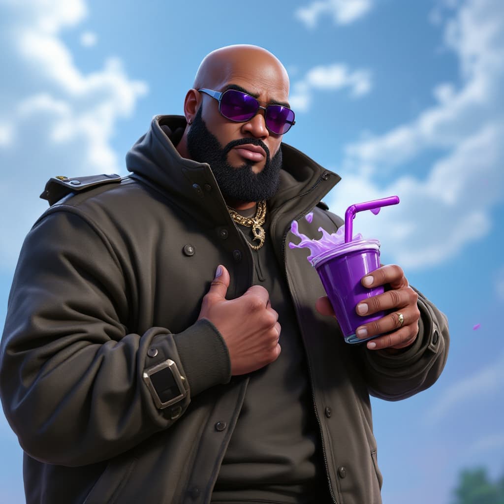 AI generated: dave blunts, a big very very fat bald black rapper as fortnite character holding purple slurp juice 