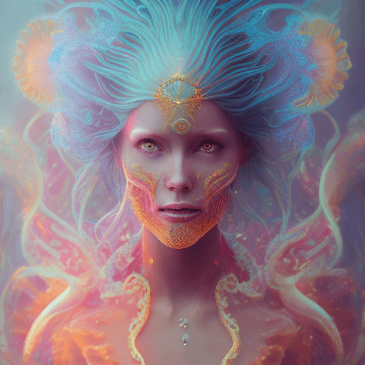 AI generated: Goddess close-up portrait ribcagel. jellyfish phoenix head, nautilus, orchid, skull, betta fish, bio...