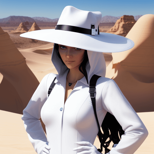 AI generated: white hat hacker in the desert of the real under lady domino's gaze