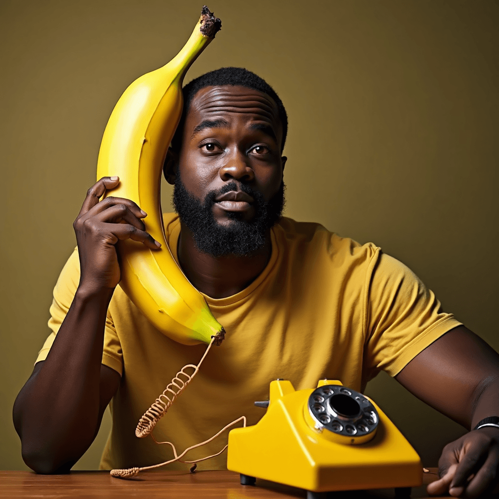 AI generated: photo of a black man holding ((shaped as a banana a telephone receiver)), talking on a phone sitting...