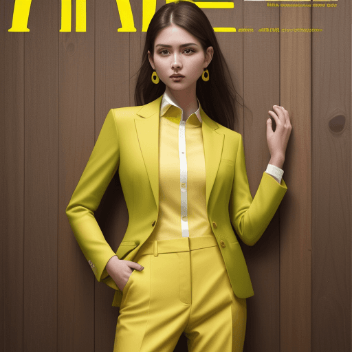 AI generated: fashion cover, front view, upper-body, woman model,  wooden  wall, green 
suit, yellow shirt, yellow...
