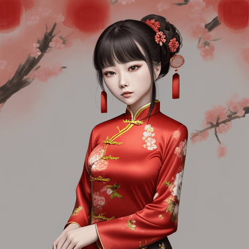 AI generated: chinese red blouse, in the style of dreamy and romantic compositions, floral explosions full size--a...