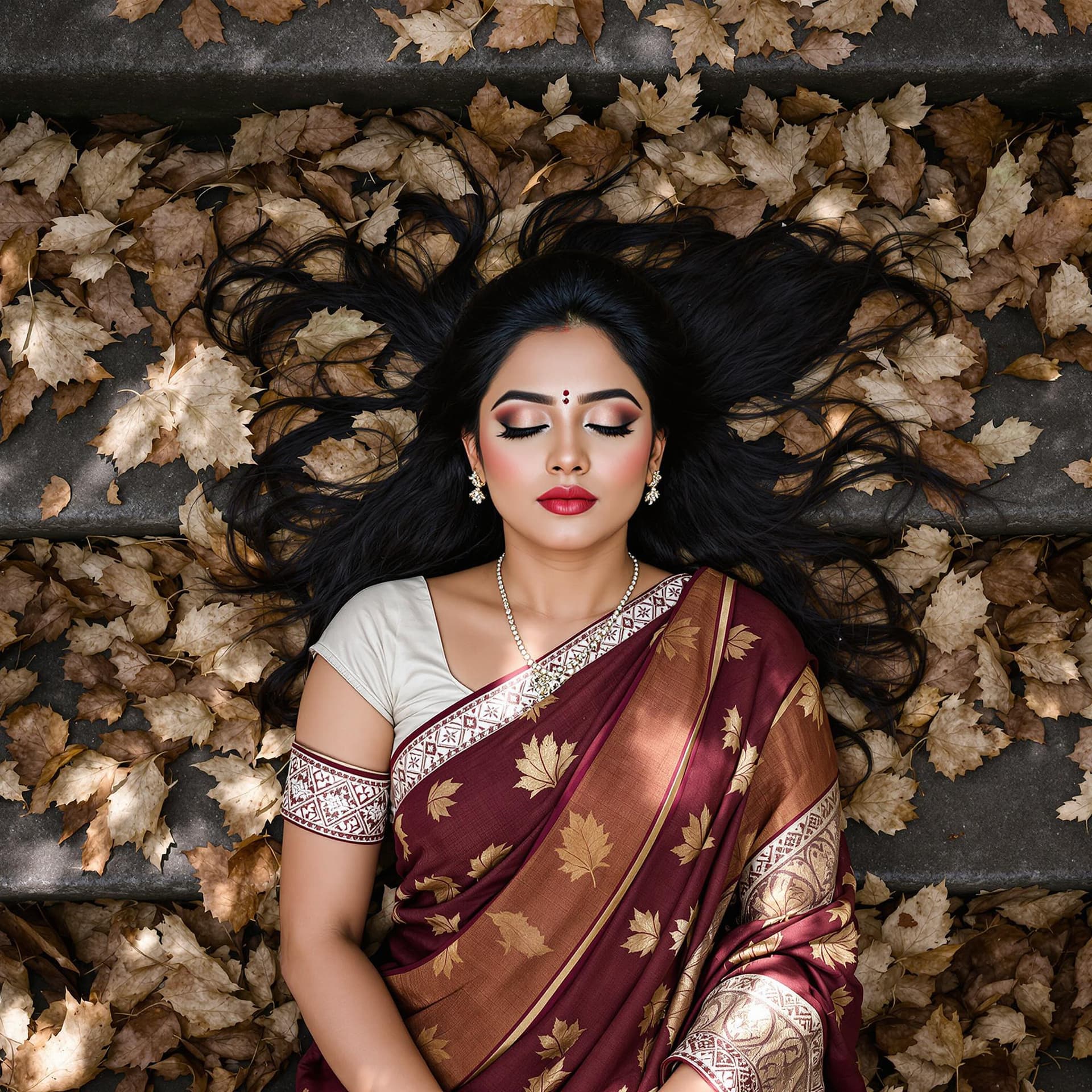 AI generated: a Kerala woman, from above, lying on old stone stairs in covered in dead leaves, Kerala Saree dress,...
