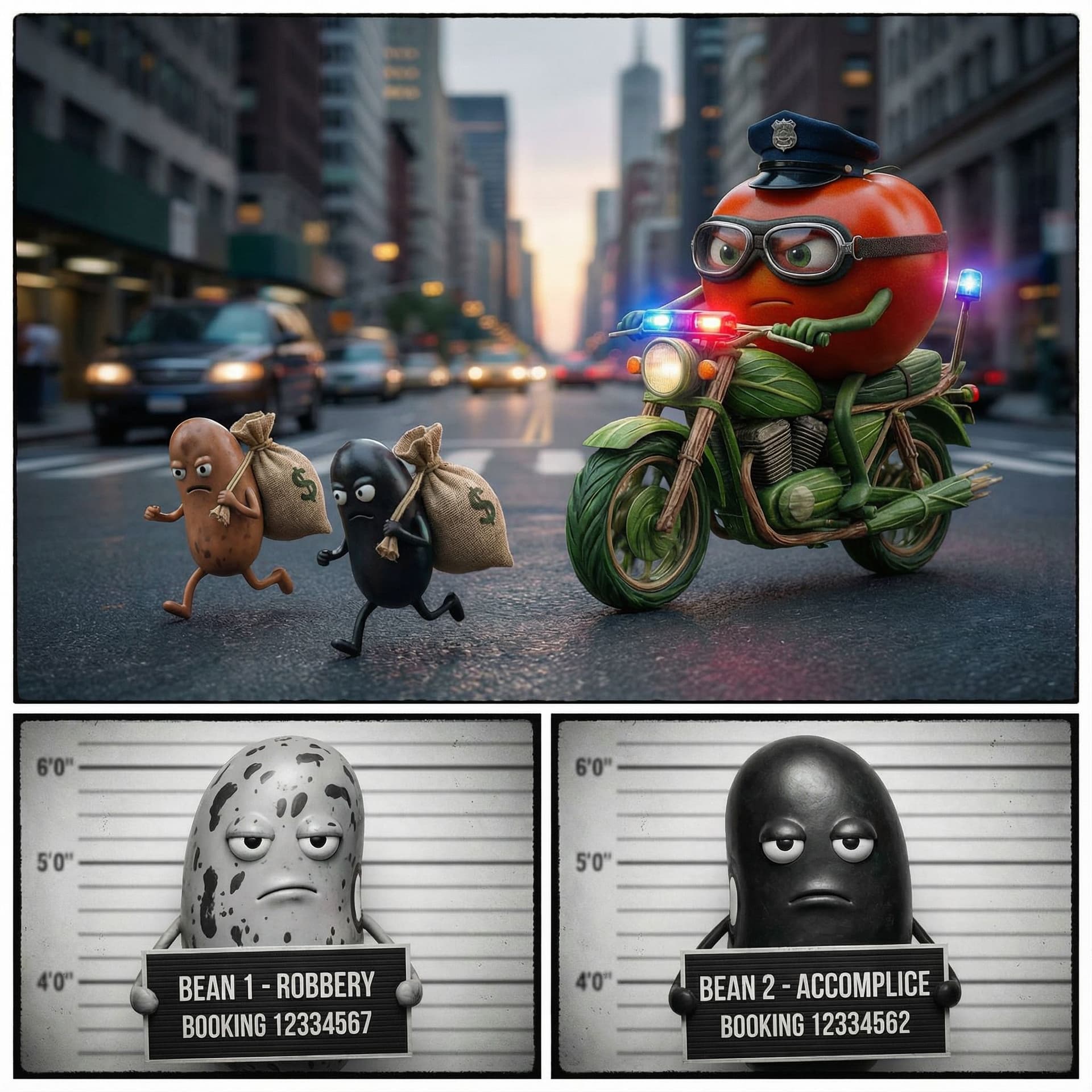 AI generated: a hyper realsitic tomate chasing two hyper realisitc beans, who are criminals. looks like real life