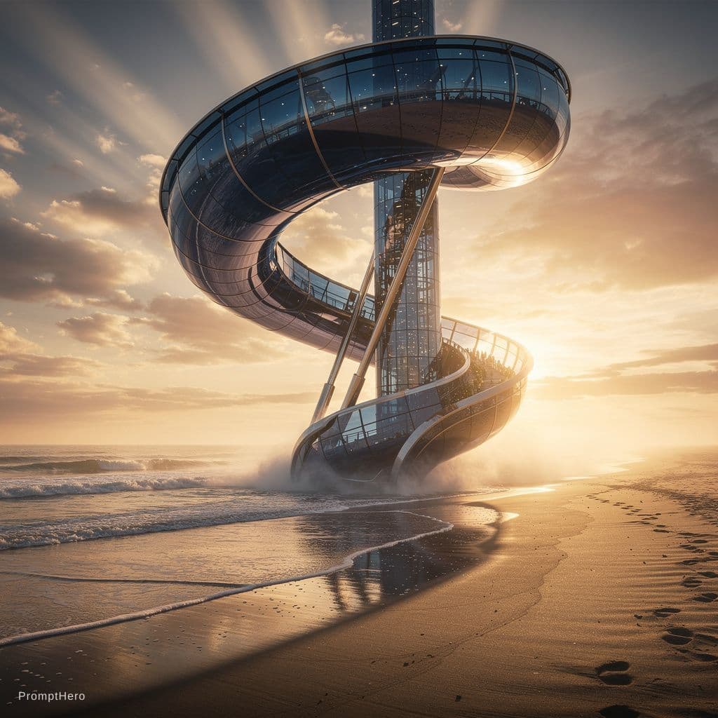 AI generated: A gigantic futuristic slide standing alone on a golden beach at sunset, no buildings, no gate struct...