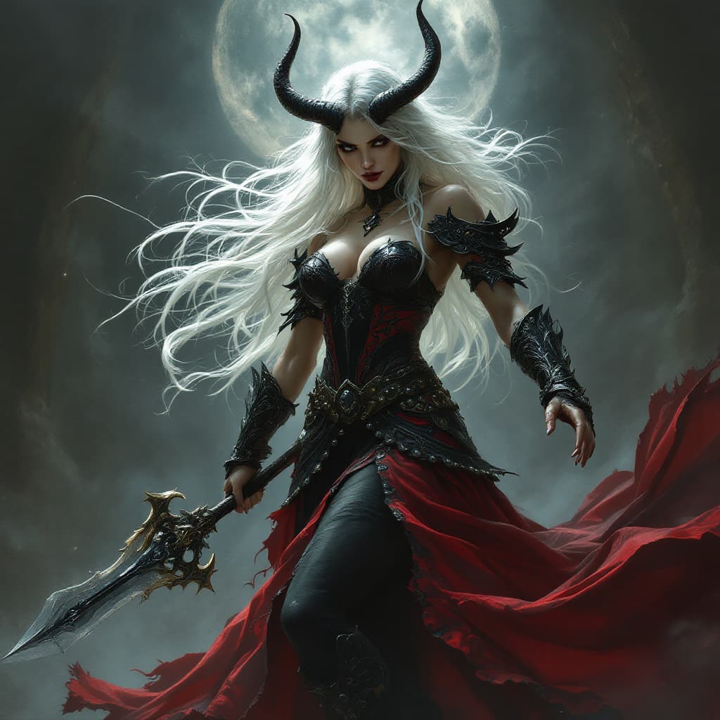 AI generated: a breathtakingly dramatic portrait of a powerful woman, poised at the forefront of a intense battle ...