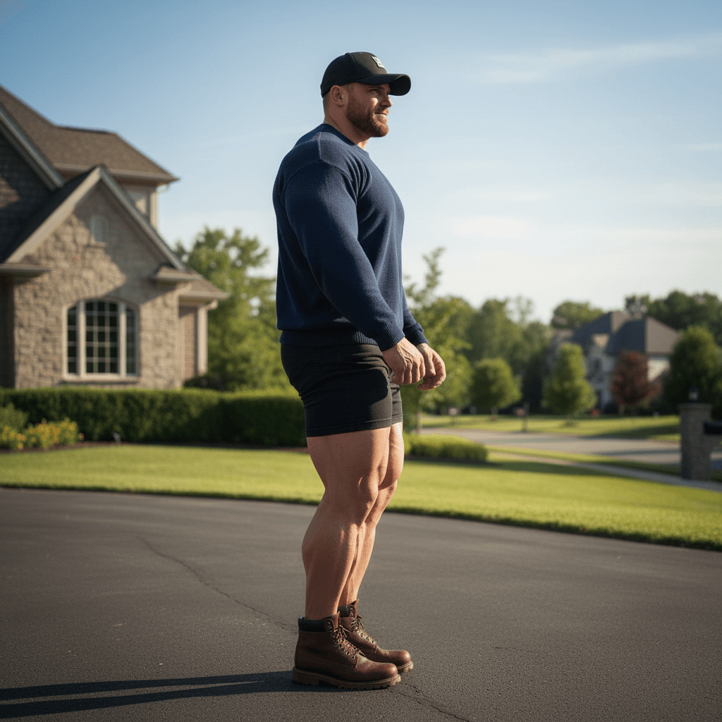 AI generated:  At a large driveway during a beautiful afternoon in a nice neighborhood. The model is a bodybuilder...