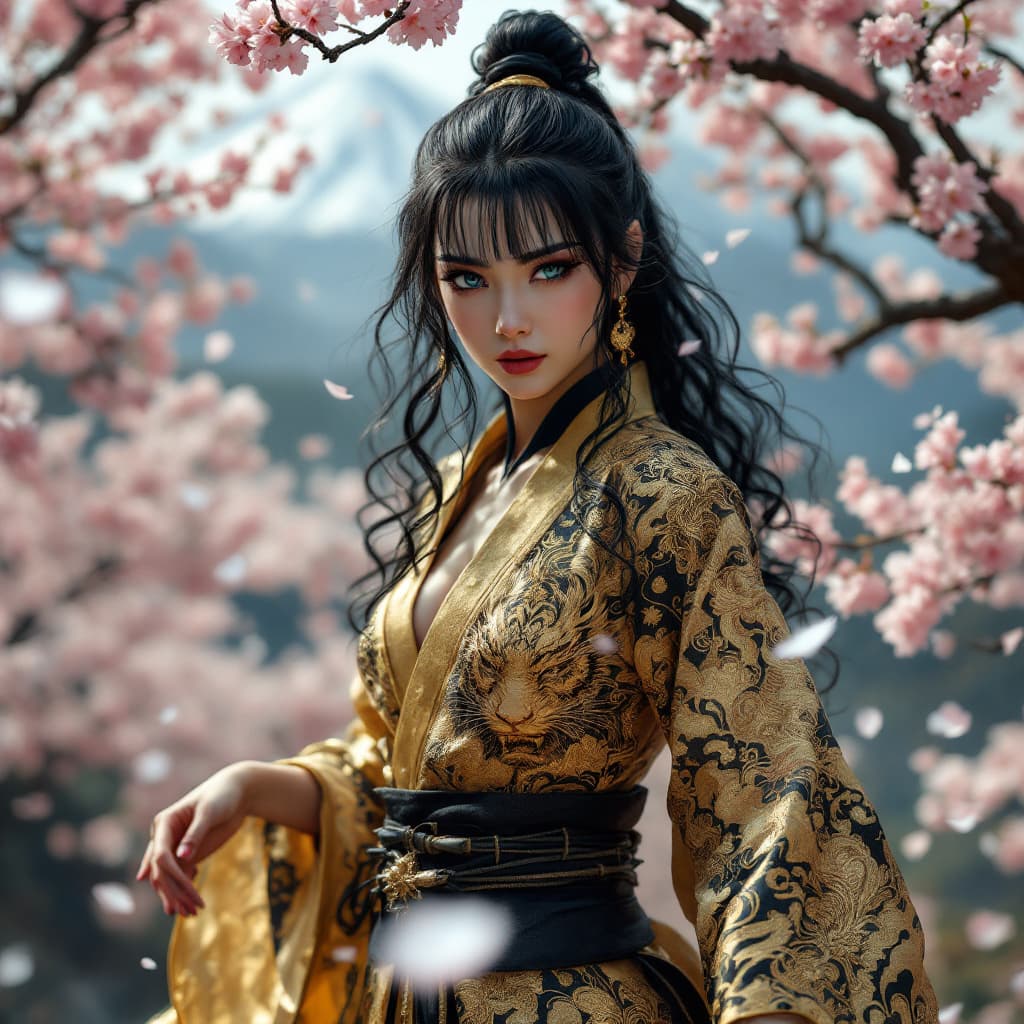 AI generated: a extremely realistic and  beautiful and physically fit Japanese kunoichi, with  curly jet black hai...