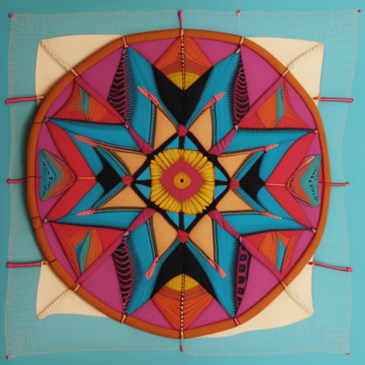 AI generated: artesania textil indigena kuna con figuras geometricas que estan con diferentes capas y muy colorido