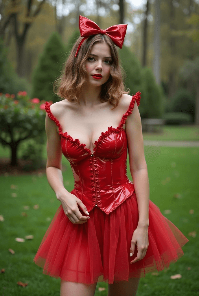 AI generated: youngmodel in red shiny latex lolitacostume,funny scene in a garden,only 18 y.o.