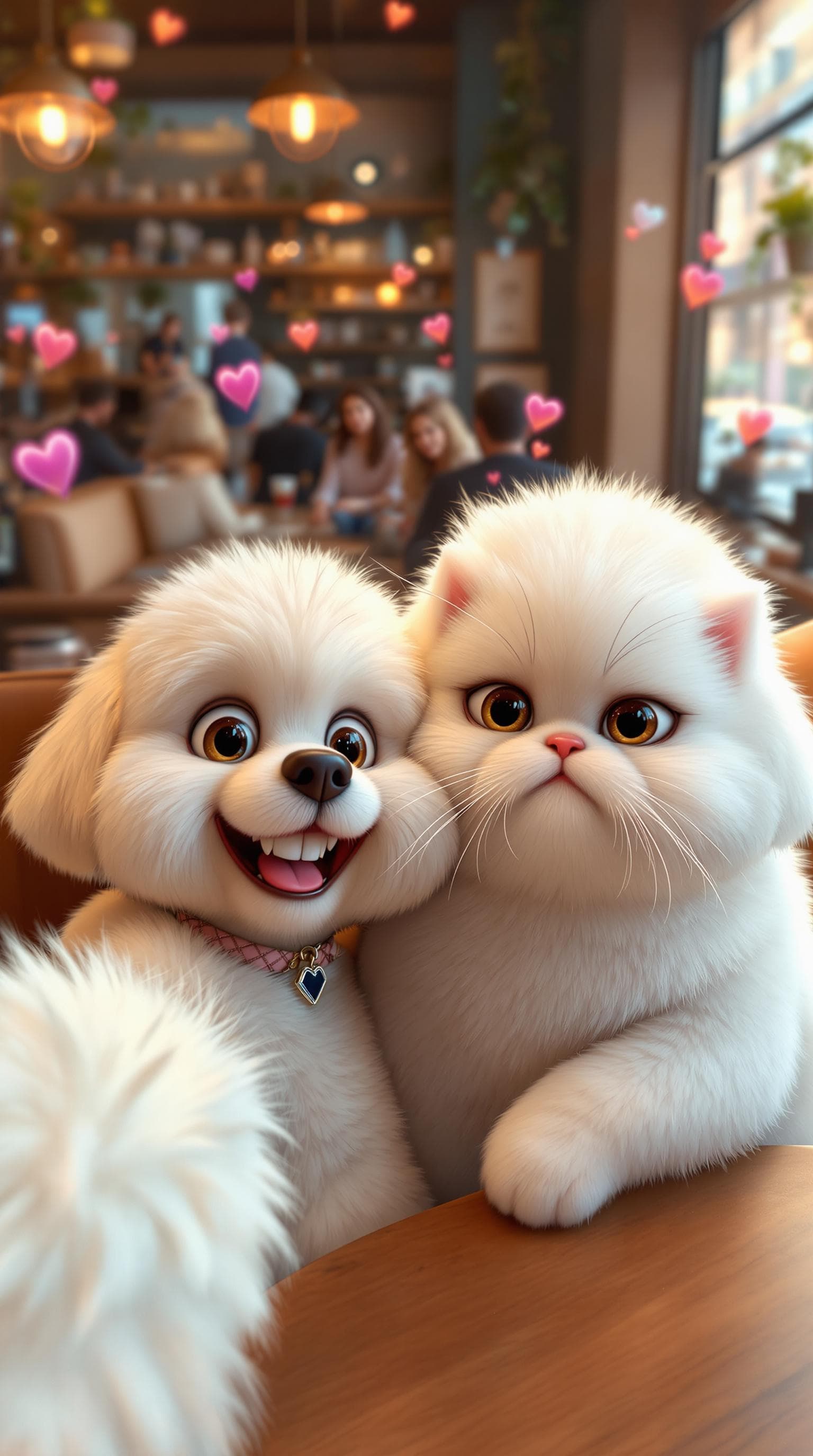 AI generated: An anthropomorphic bichon 
 with big, expressive eyes and a big smile takes a selfie while hugging a...