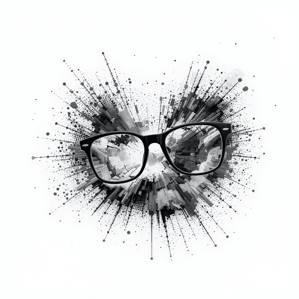 AI generated: Exploded black glasses with abstract background