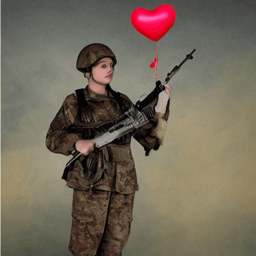 AI generated: a soldier with rifle, a girl with heart shaped balloon,