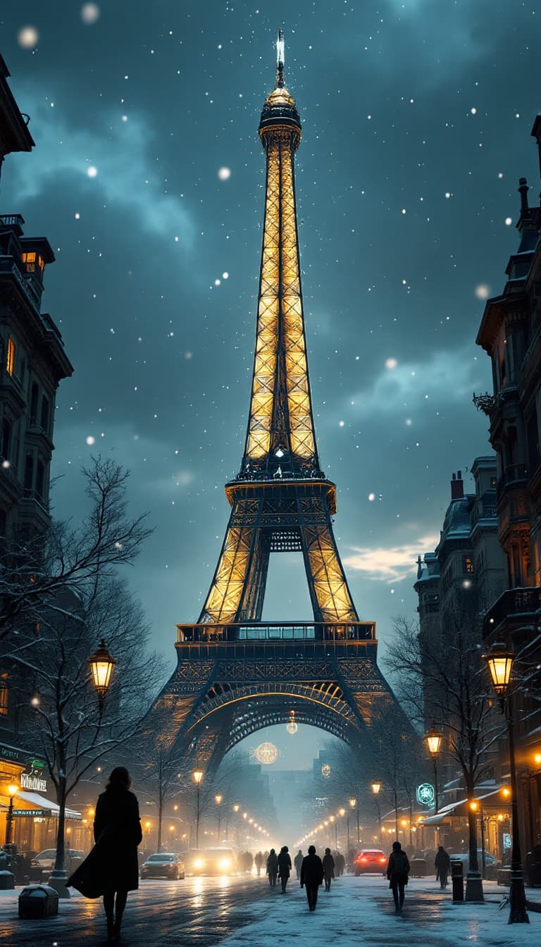 AI generated: Picture the Eiffel Tower rising above futuristic buildings in a cyberpunk Paris, reminiscent of Blad...