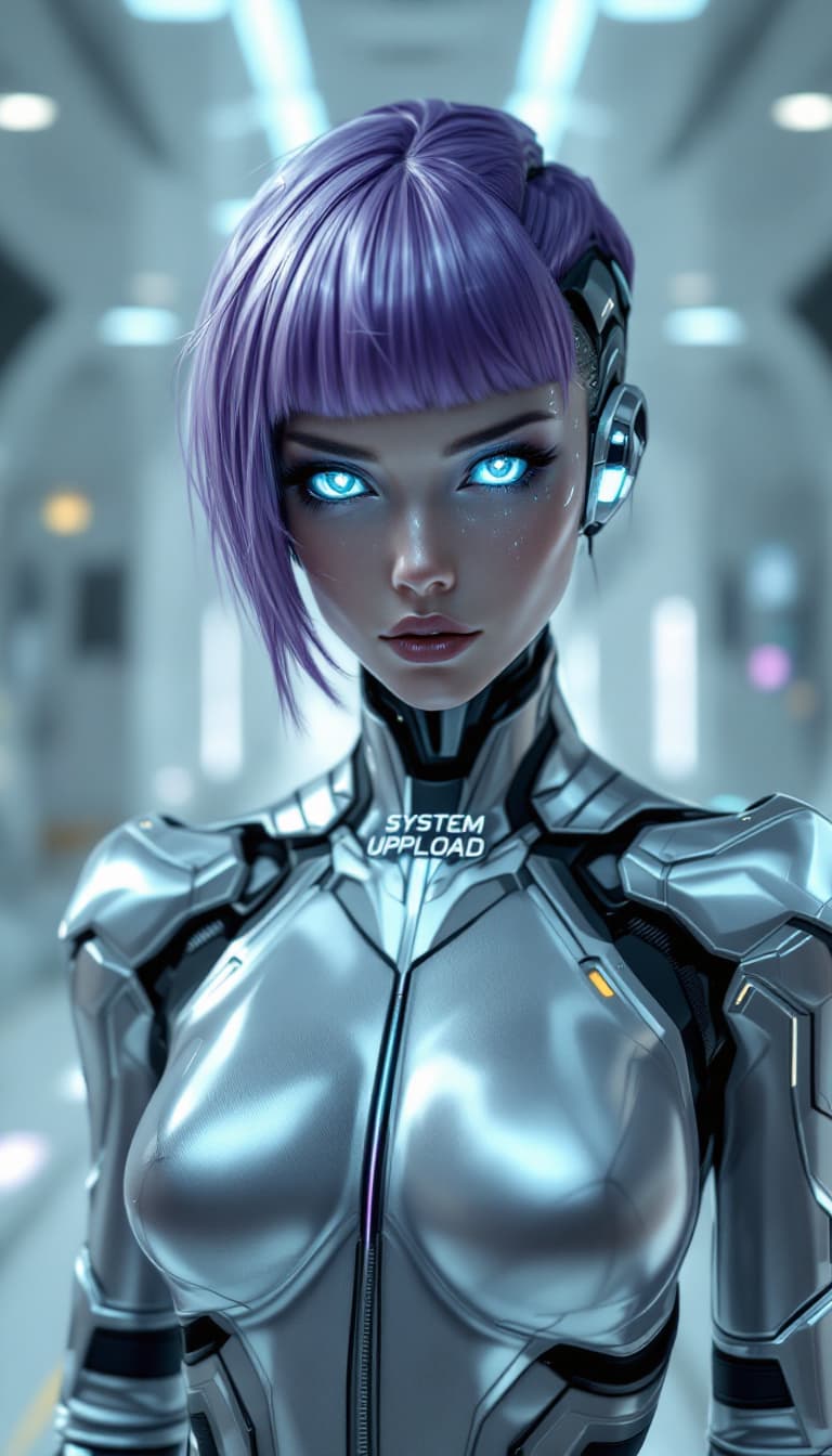 AI generated: A hyper-realistic portrait of a female android character with chrome skin and short, geometric purpl...