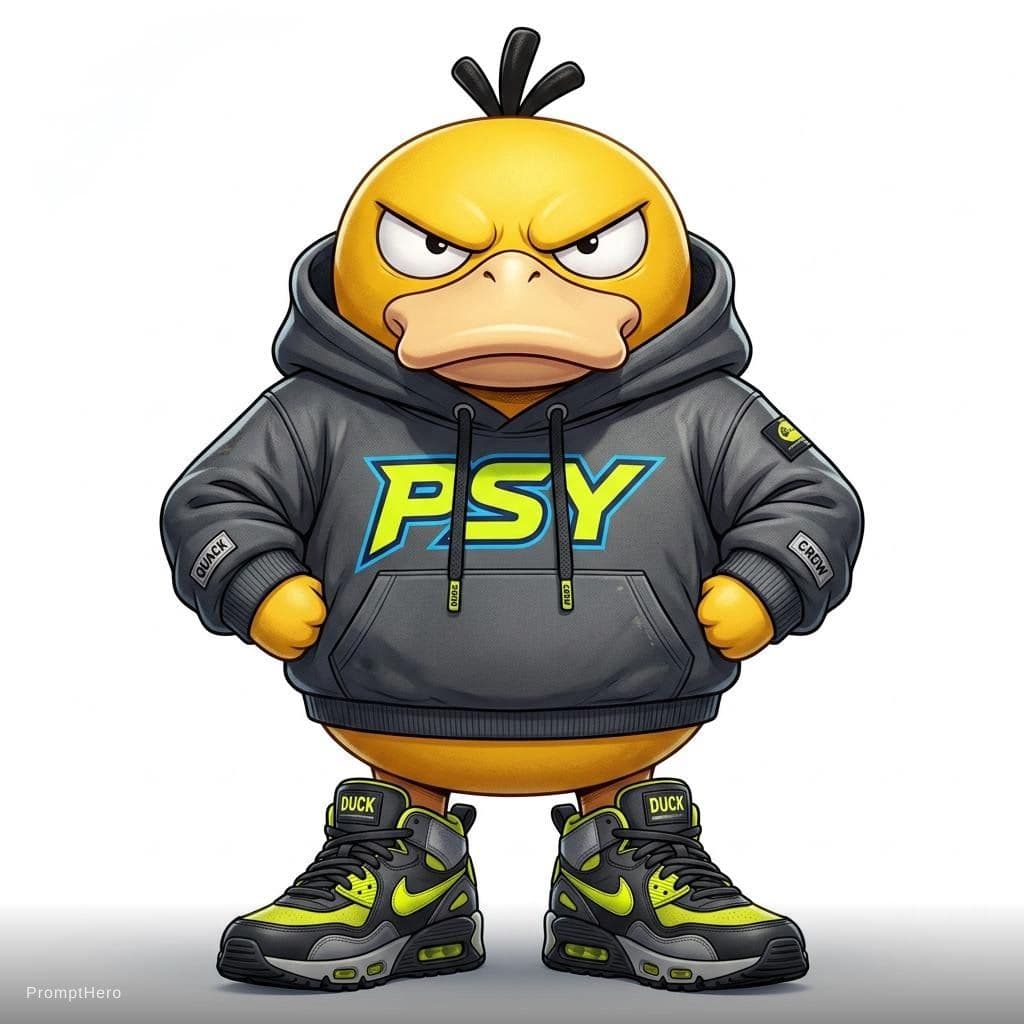 AI generated: A stylized, cool reimagining of this yellow duck character.  wearing a streetwear hoodie and sneaker...