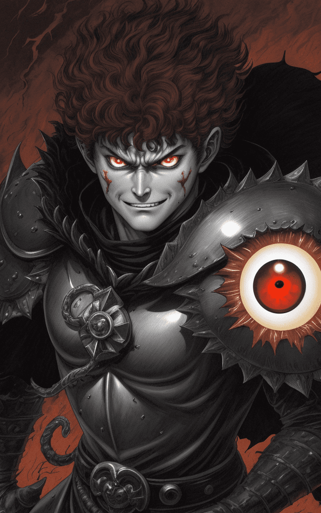 AI generated: monochrome, only eyes glowing red, a man with big eyes, brown hair with tuft, in golden armor, with ...