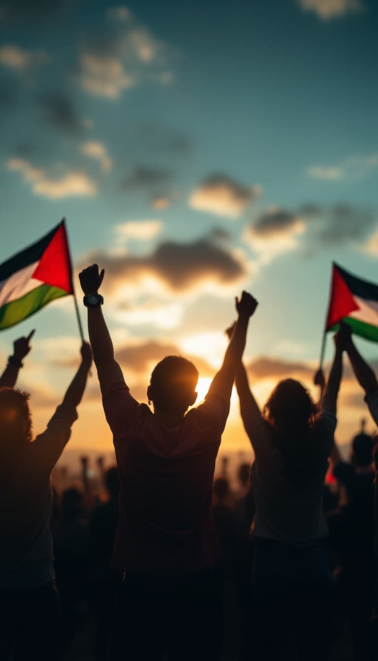 AI generated: Palestinian people standing together holding flags, hands raised, sunset in the background, hopeful ...
