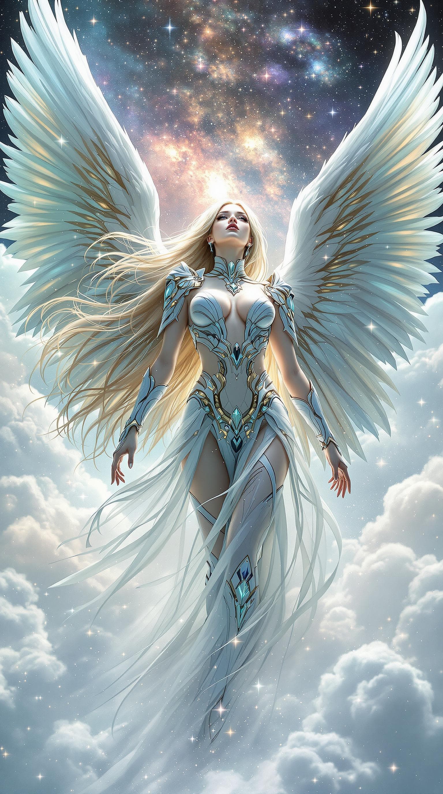 AI generated: Sci professional artwork, ultra-fine 3D details, full body archangel wings open, pointing totally up...