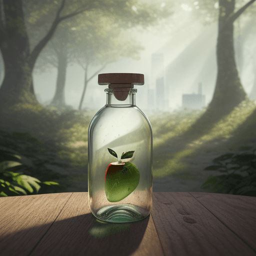 AI generated: A photo with high detail against the background of a dense forest, a transparent bottle in the shape...