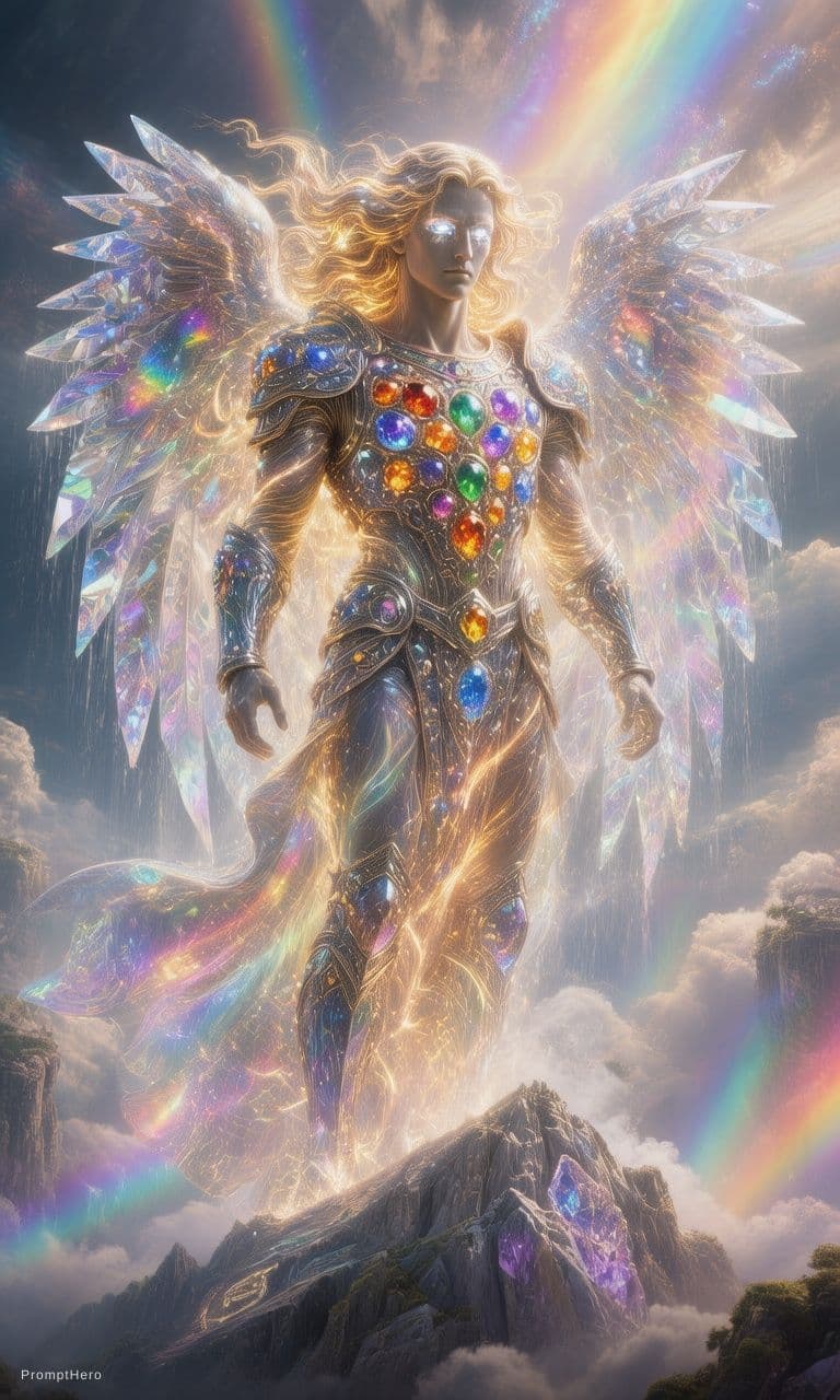 AI generated: The angel stands upon the jagged peak of a celestial mountain, his form bathed in an ethereal glow t...