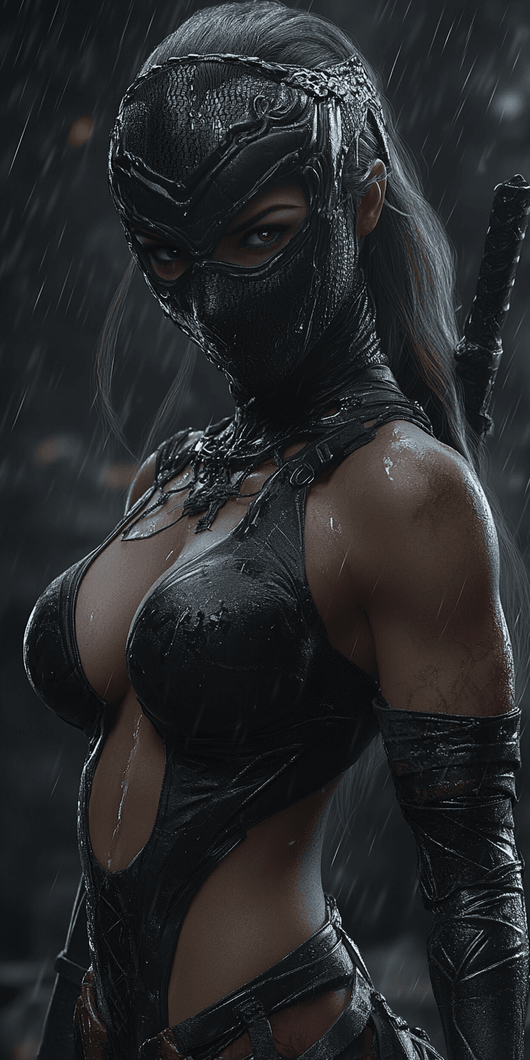 AI generated: Dark-skinned woman, young adult, wearing a wet, dark, leather-like, close-fitting bodysuit with intr...