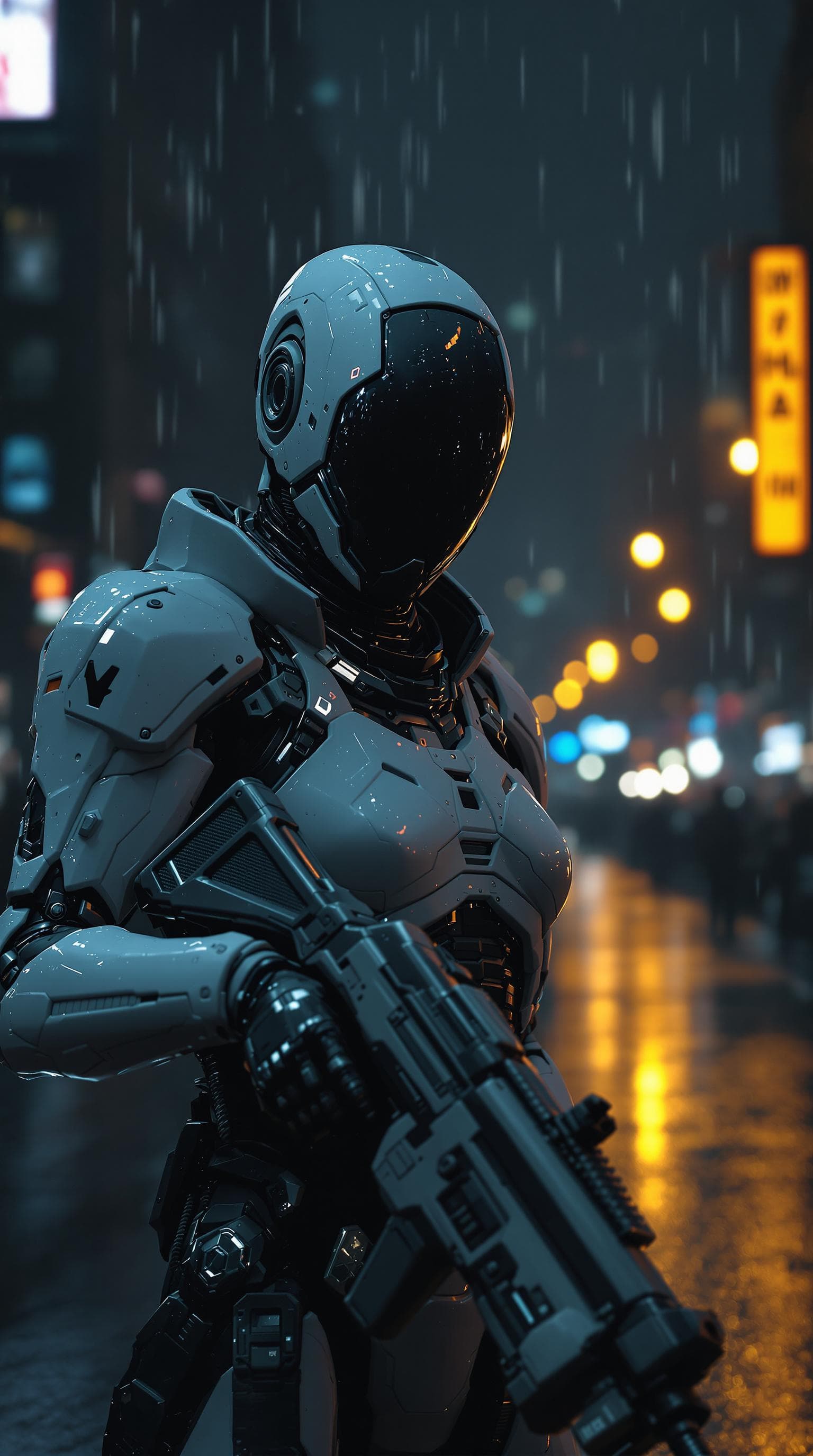 AI generated: Futuristic cyborg with no face armor, holding a futuristic gun. Dystopian atmosphere, rainy dark cit...