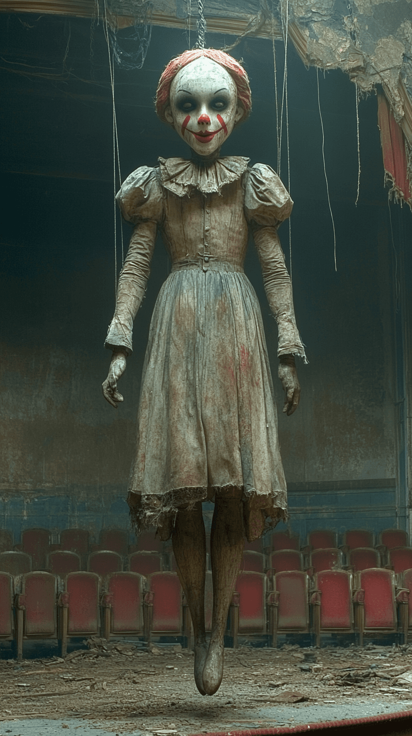 AI generated: A tall, gaunt marionette puppet hangs from a frayed, dusty string in an abandoned theater. Its woode...
