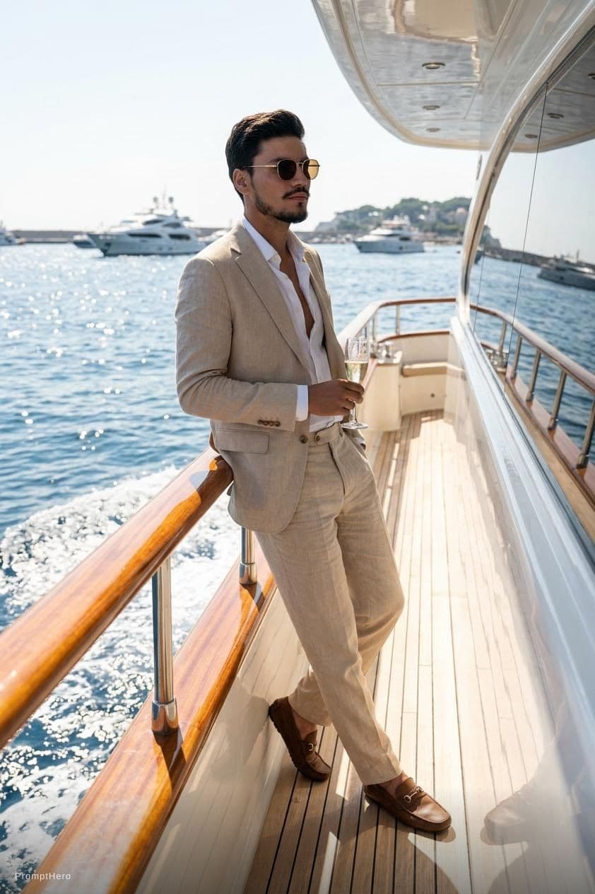 AI generated: Create a high-end fashion image of a male model wearing a tailored summer suit with an open shirt. P...