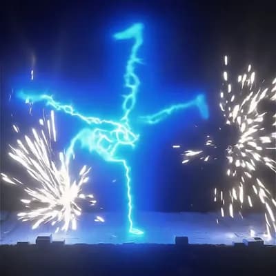 AI generated video: the figure is break dancing, sparks fly out from it