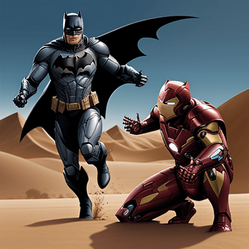 AI generated: batman contre iron man dans le desert,  concept art:: --ar 16:9