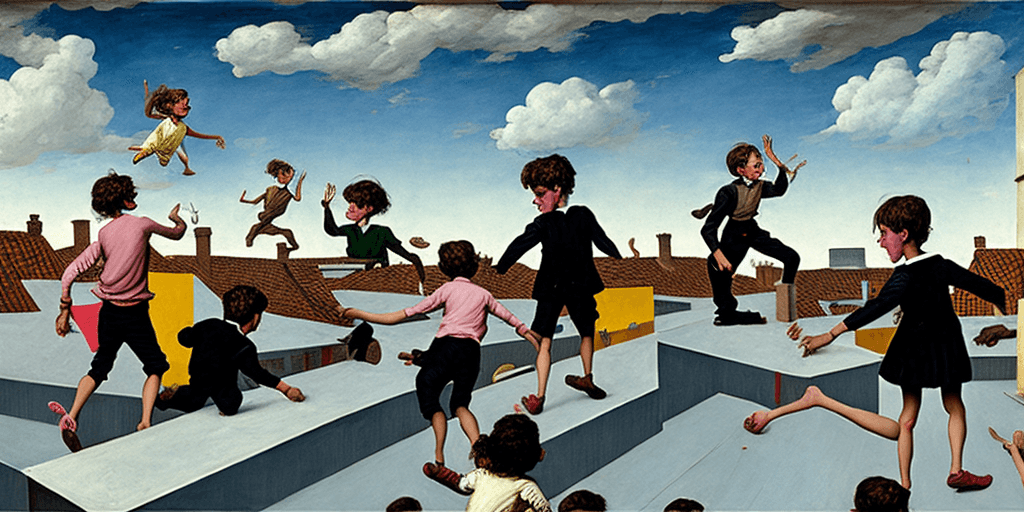 AI generated: neo rauch, children playing on rooftop