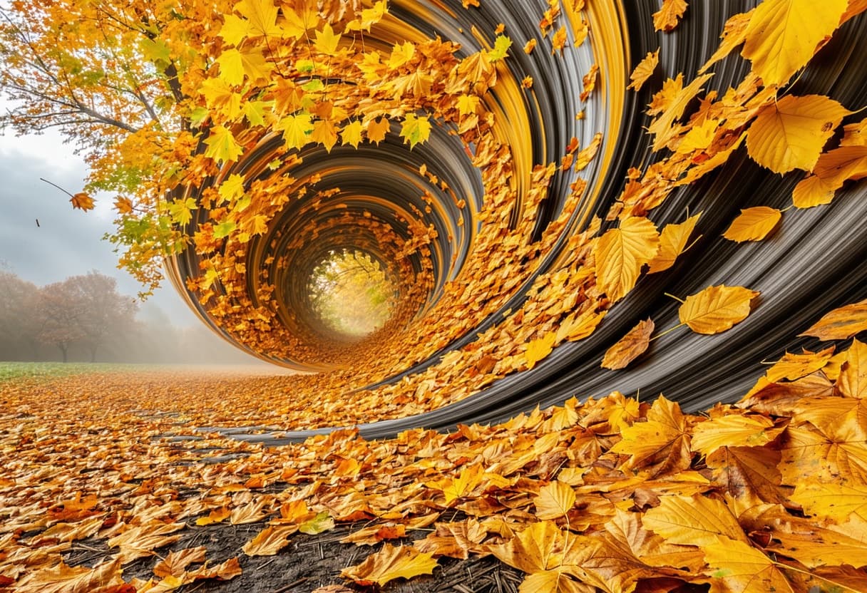 AI generated: A majestic, towering whirlwind of vibrant golden autumn leaves, rustling and swirling upwards from t...