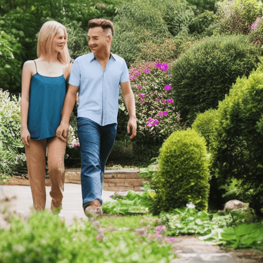 AI generated: create a couple walking together in garden 
