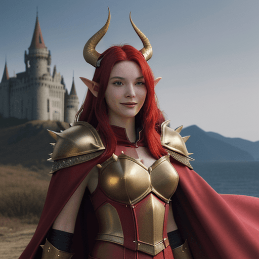AI generated: red hair, red armor, gold trim, greatsword, dragon horns, spiky armor, elf ears, wind blowing, red c...