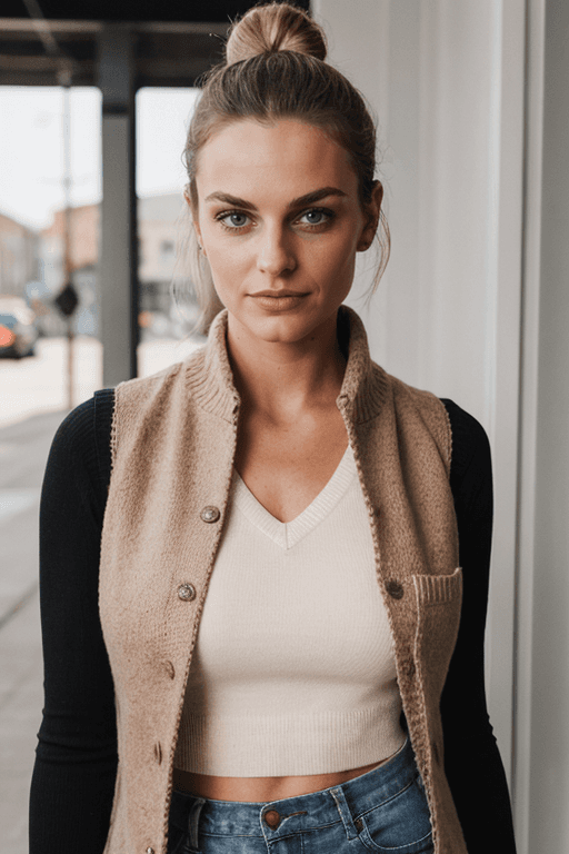 AI generated: An image of a woman standing straight, facing the camera head-on with a slight head tilt. She gazes ...