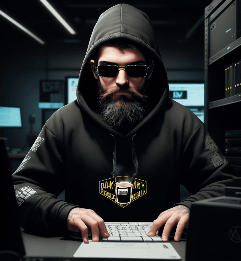 AI generated: hacker, dark room, coder, computer, man, medium beard, cool, grunge, (typing), ultradetailed, detail...