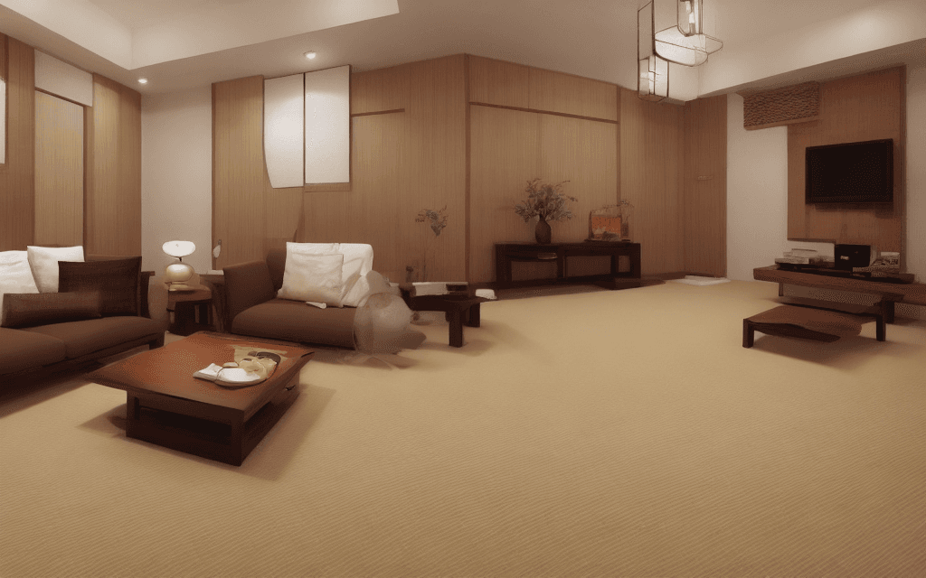 AI generated: japenese living room with wooden cabinet, beige carpet,brown sofa