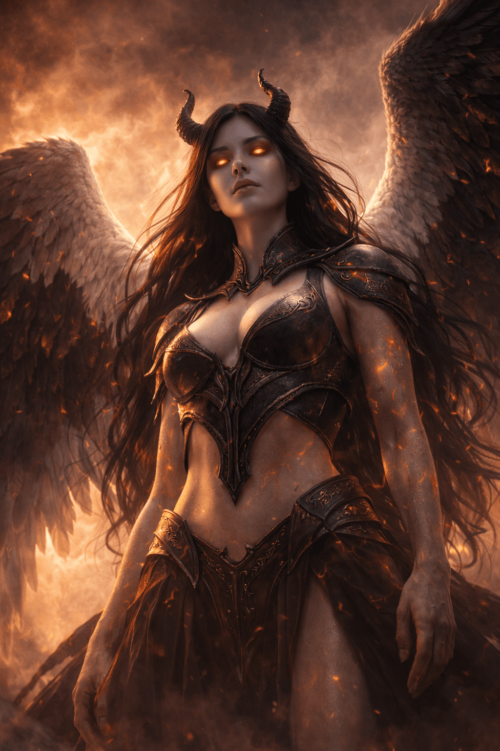 AI generated: A cinematic dark fantasy portrait of a female Lucifer, the fallen angel queen. She has ethereal yet ...